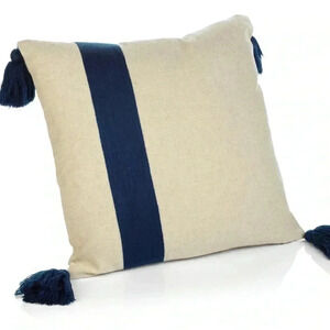 ZODAX Throw Accent Pillow Positano Embroidered with Tassels  New - Dark Blue